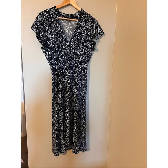 Adrianna Papell Women's M Flutter Sleeve Dot Printed Midi Dress Black White Twee - Picture 6 of 12